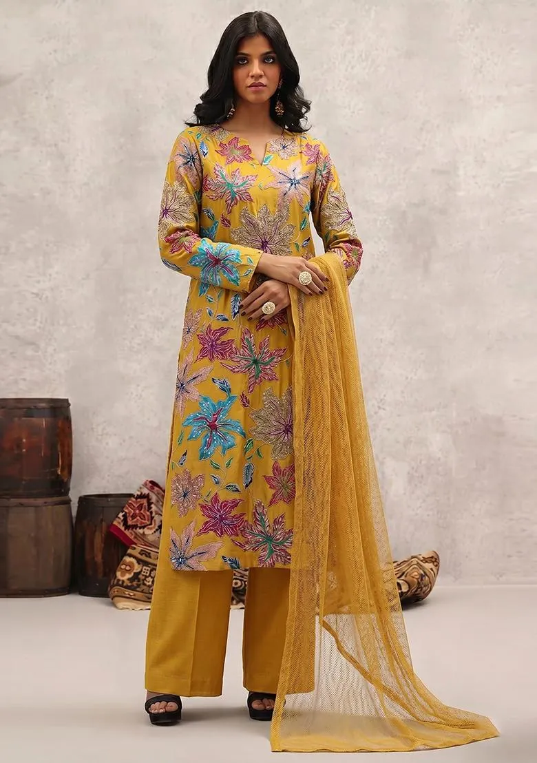 Mustard Yellow Printed Crepe Kurta Set