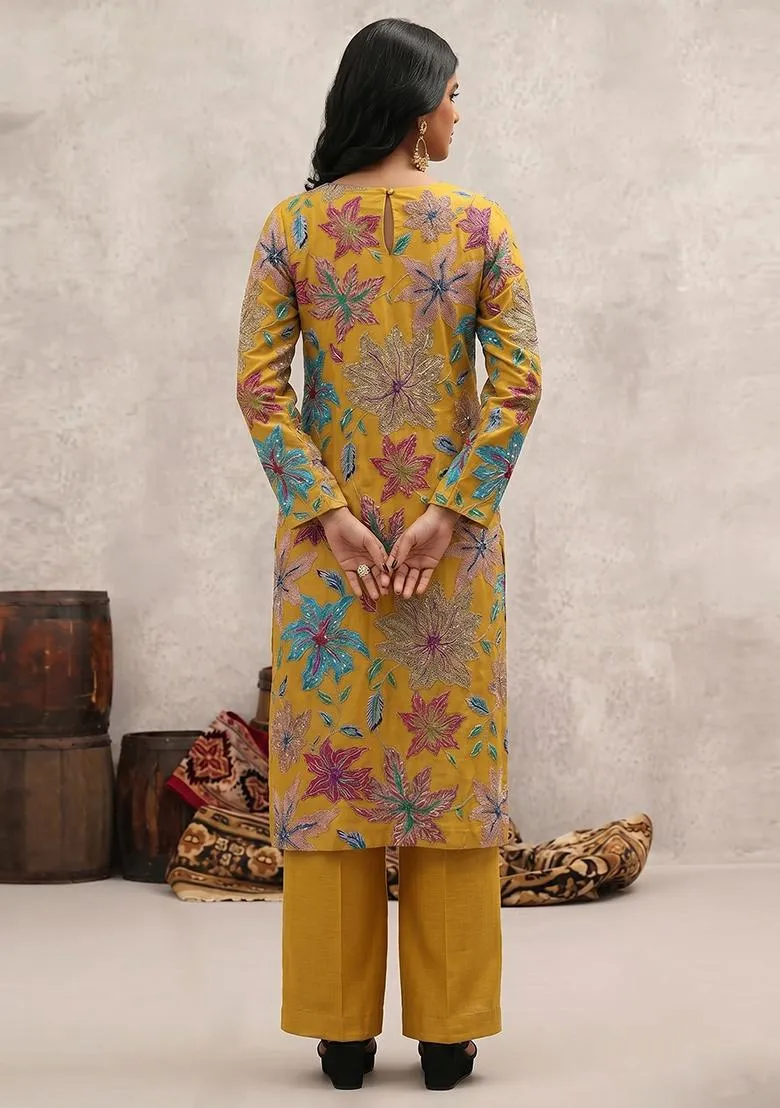 Mustard Yellow Printed Crepe Kurta Set - Image 2