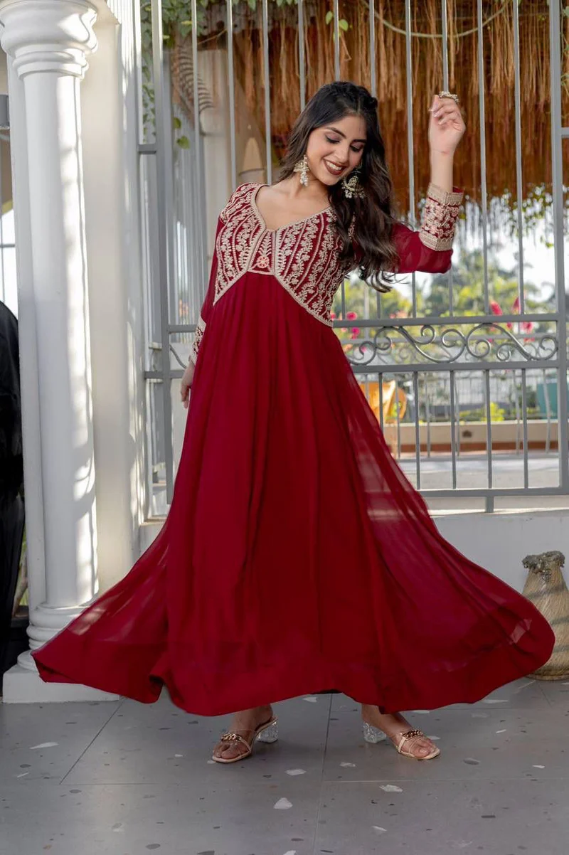 Maroon Faux Georgette Embroidered Designer Gown - Image 2