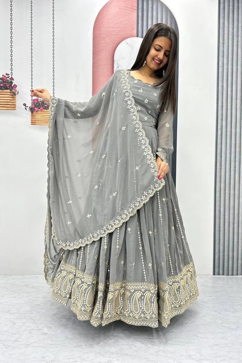 Slate Grace Embroidered Partywear Gown Set - Image 2
